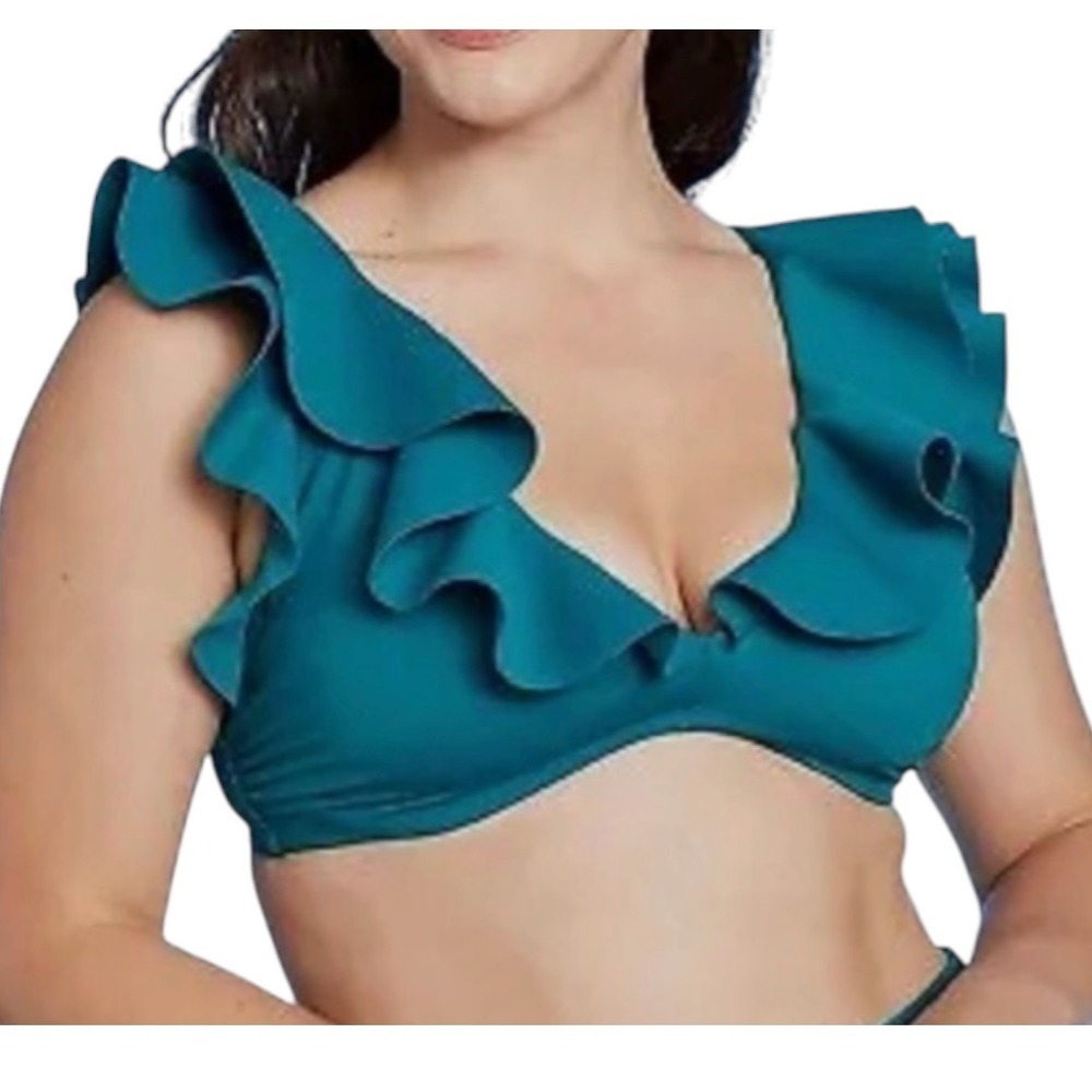 NWT Shade & Shore TEAL BLUE BIKINI TOP Ruffle Underwire Swimsuit Swim SZ 36C